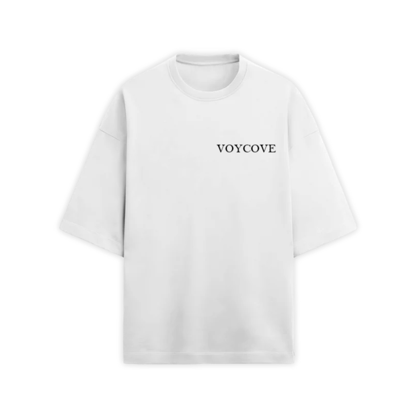 White t-shirt with 'VOYCOVE' logo on a light gray background
